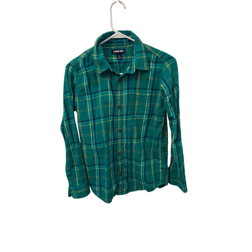 Lands End boy's green long sleeve flannel button down size large